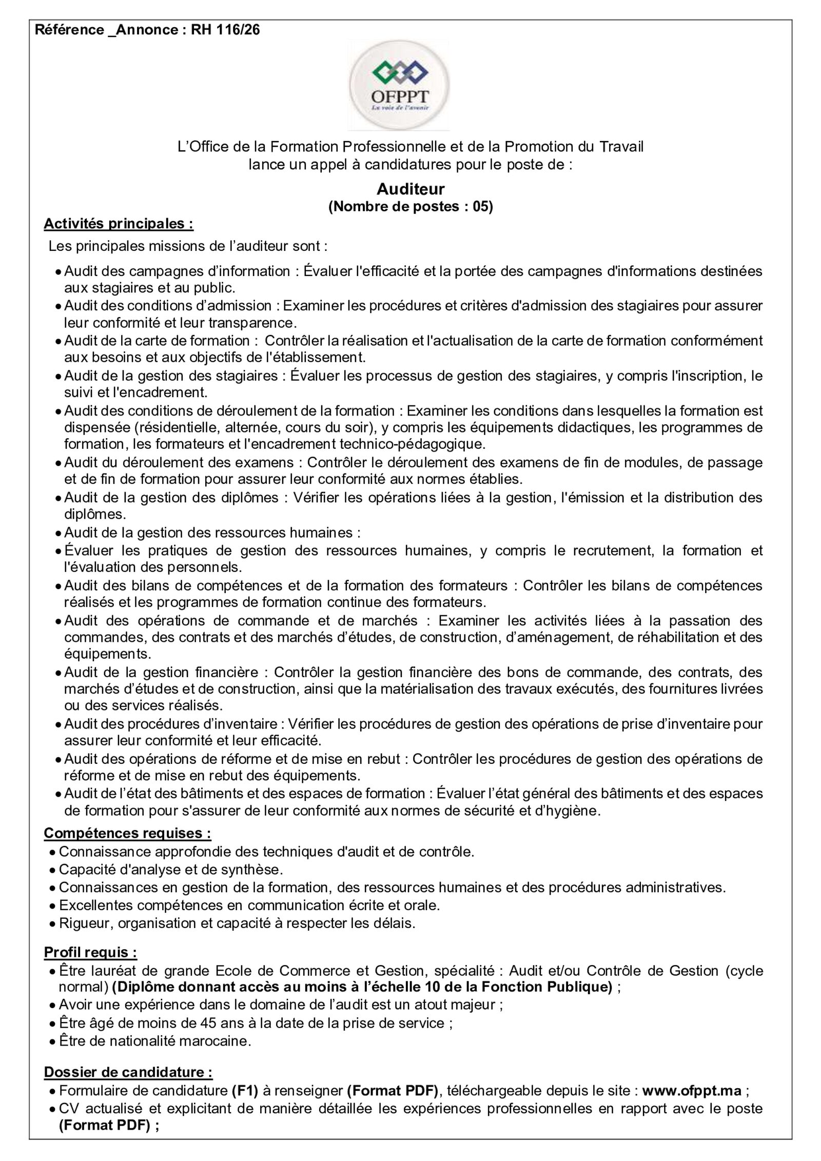 Annonce officielle : L’OFPPT organise des concours pour recruter 30 cadres, ingénieurs, auditeurs et formateurs, page 7 sur 9