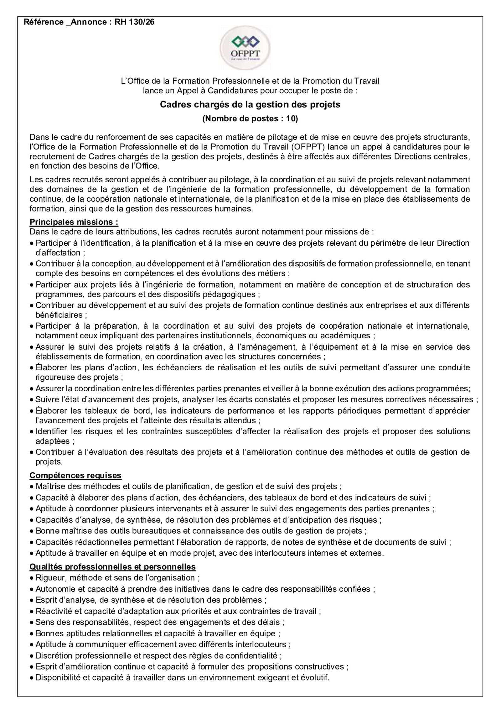 Annonce officielle : L’OFPPT organise des concours pour recruter 30 cadres, ingénieurs, auditeurs et formateurs, page 2 sur 9