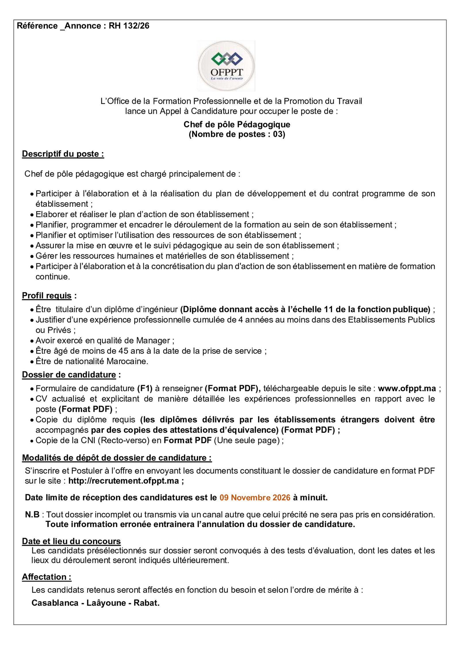 Annonce officielle : L’OFPPT organise des concours pour recruter 30 cadres, ingénieurs, auditeurs et formateurs, page 1 sur 9